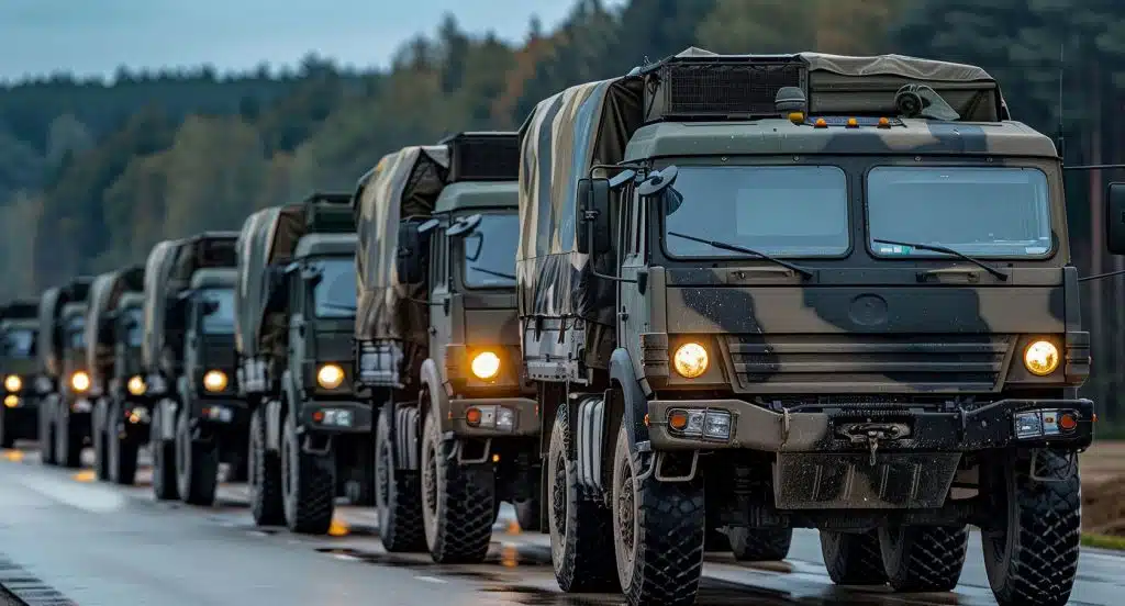 Militärfahrzeuge fahren in einer Kolonne auf einer Straße