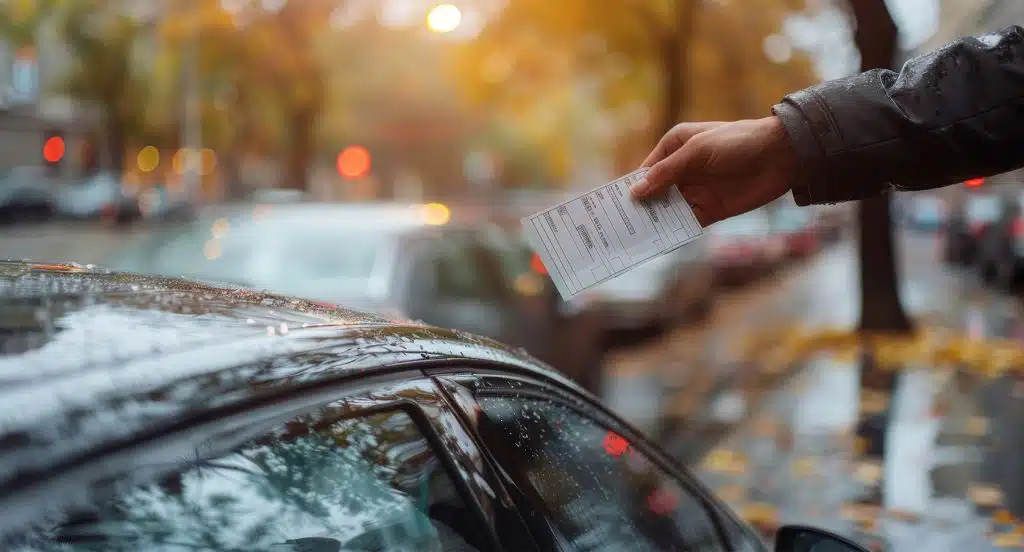 Eine Hand steckt einen Strafzettel an ein Auto